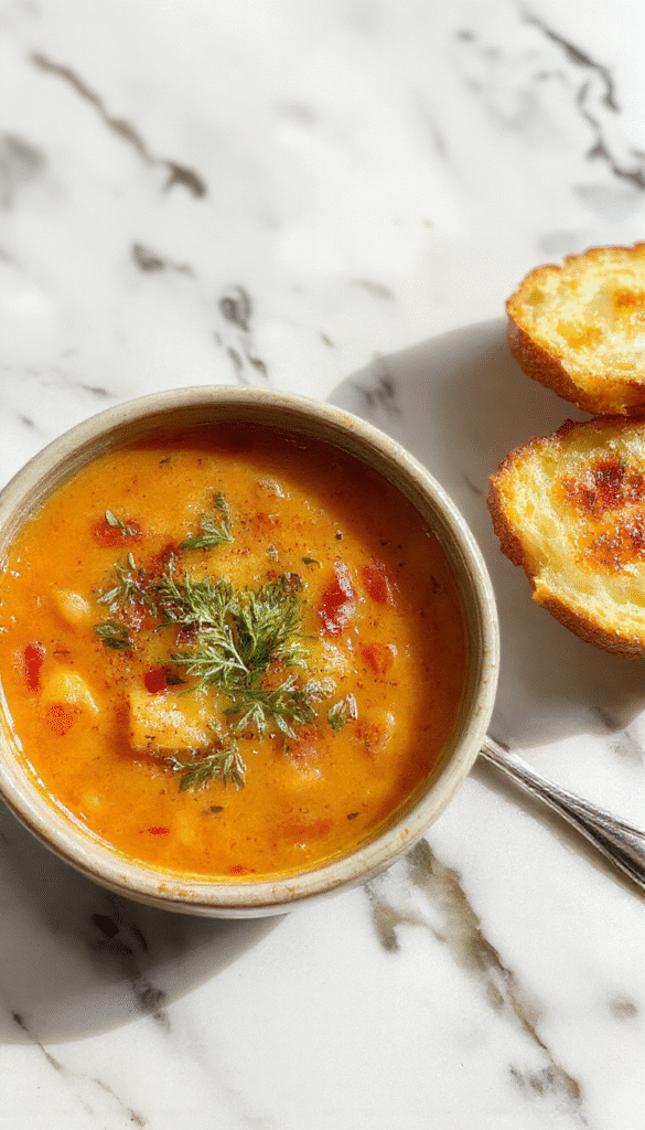 A steaming bowl of Italian Penicillin Soup featuring vibrant green kale, tender chicken pieces, and a rich, golden broth topped with fresh herbs. The bowl is styled on a rustic wooden table with a side of crusty bread and a lemon wedge, evoking warmth and comfort. The soup's textures range from chunky vegetables to soft chicken, with a colorful presentation appealing to the eye.
