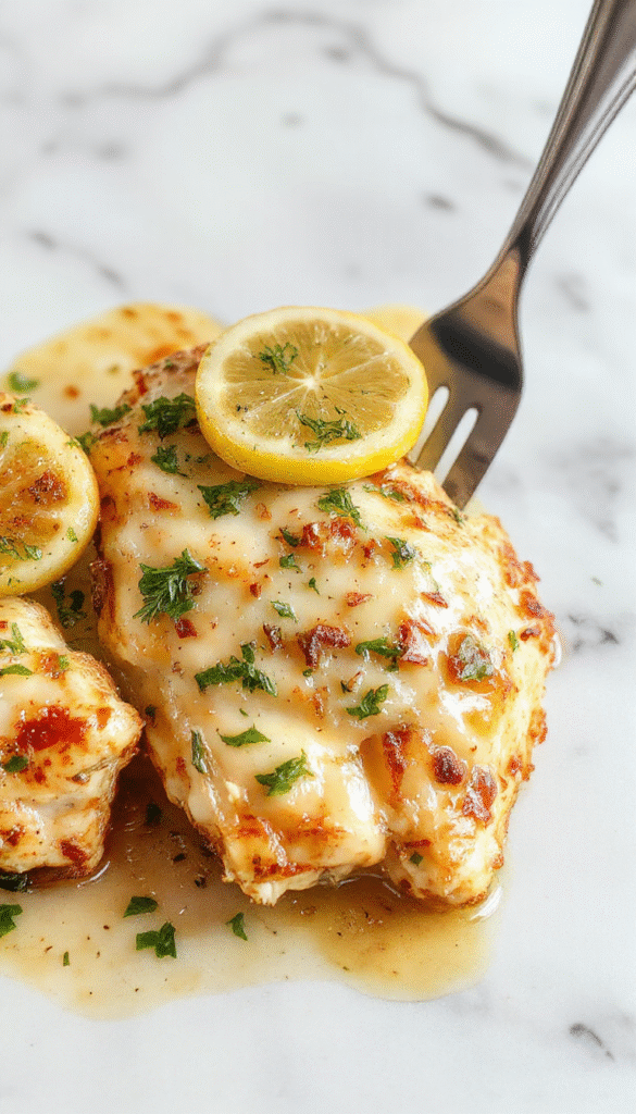A vibrant plate featuring golden-brown lemon chicken with a lemon wedge on top, garnished with fresh herbs and served alongside roasted vegetables on a rustic white platter. The dish showcases crispy edges and tender insides, with a glossy lemon sauce drizzled over. The background includes a linen napkin and a sprig of fresh herbs, emphasizing a cozy family meal atmosphere.