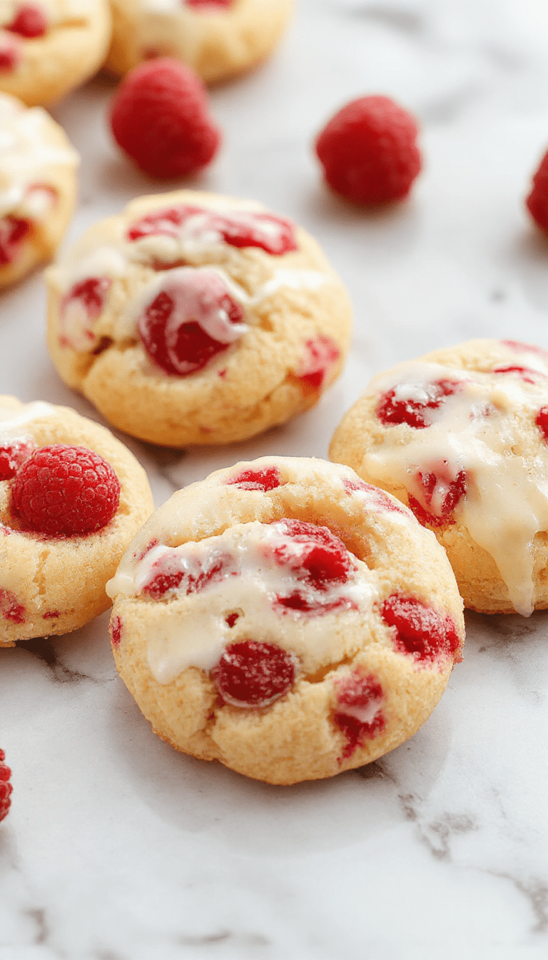 Vibrant lemon raspberry cookies arranged on a white plate, showcasing their golden edges and raspberry specks, with fresh lemon slices and raspberries as garnish, styled on a rustic wooden table with natural lighting highlighting their glossy surface and textured crumb.