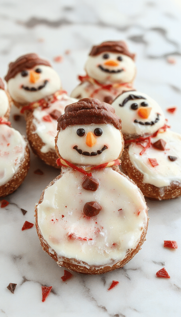 Colorful Christmas snowman bark arranged on a white plate with holiday-themed sprinkles and edible glitter, showcasing chunks of chocolate decorated with white icing and festive decorations, styled on a rustic wooden surface with twinkling Christmas lights in the background.