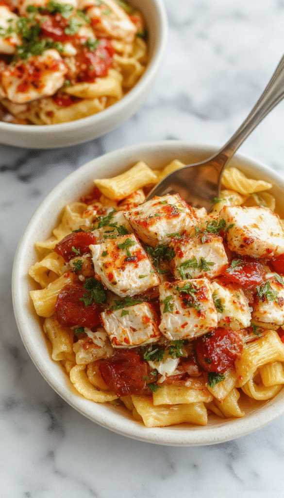 A vibrant bowl of Mediterranean chicken pasta salad featuring colorful cherry tomatoes, sliced cucumbers, red onions, black olives, and crumbled feta cheese, all tossed with spiraled pasta and garnished with fresh herbs. The salad is arranged on a rustic white plate with a drizzle of olive oil, showcasing a fresh, appetizing, and textured presentation with bright, lively colors against a light background.