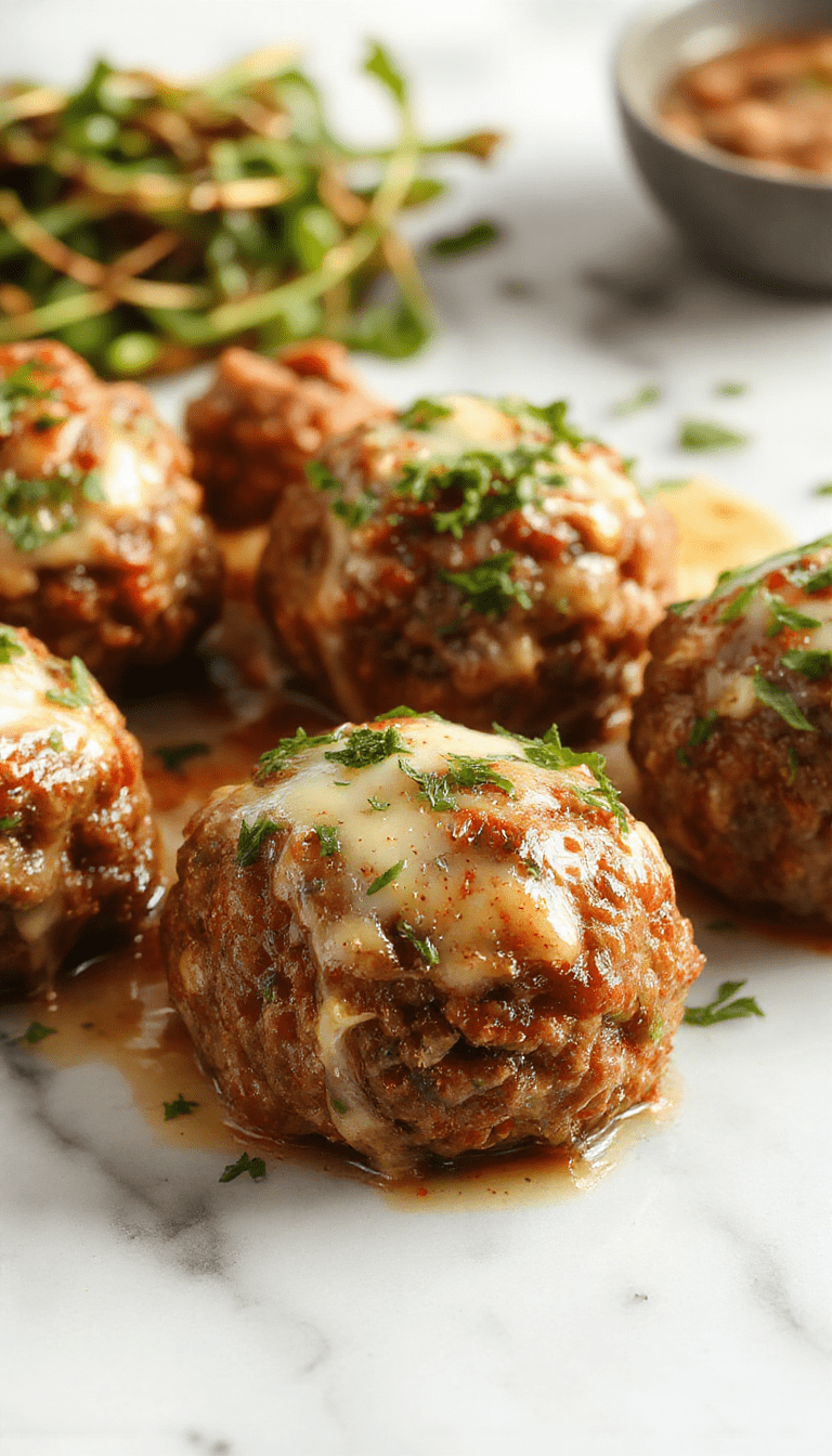 Golden-brown Italian meatballs arranged on a rustic plate, garnished with fresh parsley and served with marinara sauce, showcasing their juicy texture and tender interior, styled on a wooden table with a side of pasta and a sprinkle of grated cheese in a cozy, inviting setting.