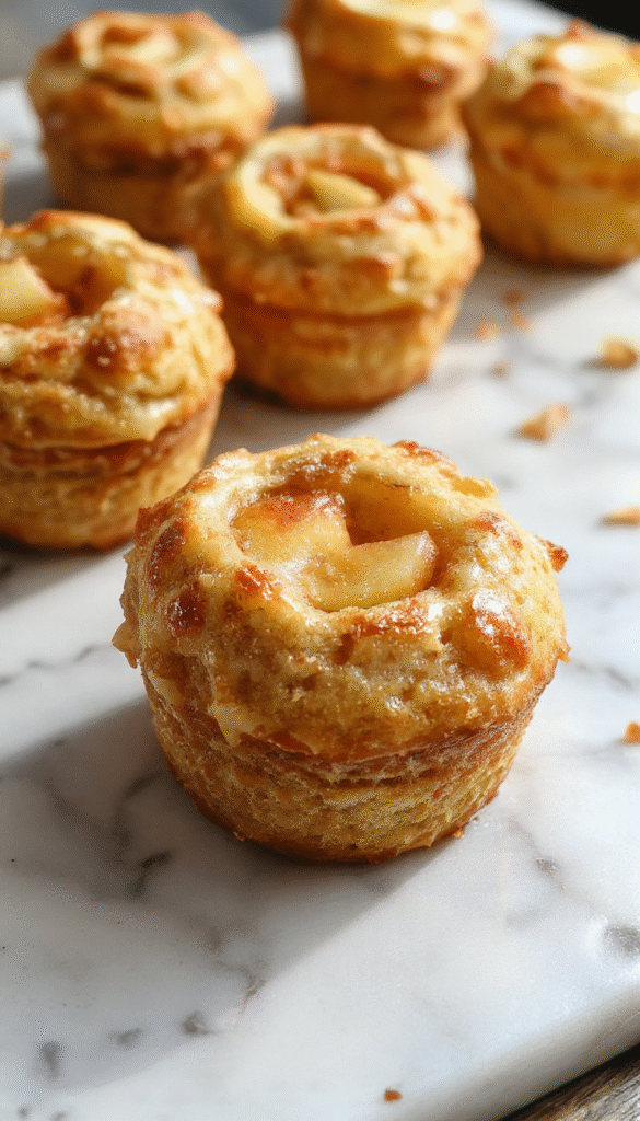 Colorful mini apple pies baked in a muffin tin with golden, flaky crusts and warm apple filling. The pies are topped with a light dusting of cinnamon sugar, arranged neatly in a baking tray. The scene showcases the freshly baked muffins on a rustic wooden surface, with a side of caramel drizzle and a sprinkled dash of powdered sugar, emphasizing their crispy, flaky textures and inviting aroma.
