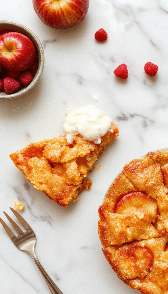 A freshly baked apple pie with golden, flaky crust topped with sugared apple slices and cinnamon, placed on a rustic wooden table with a warm, inviting background.