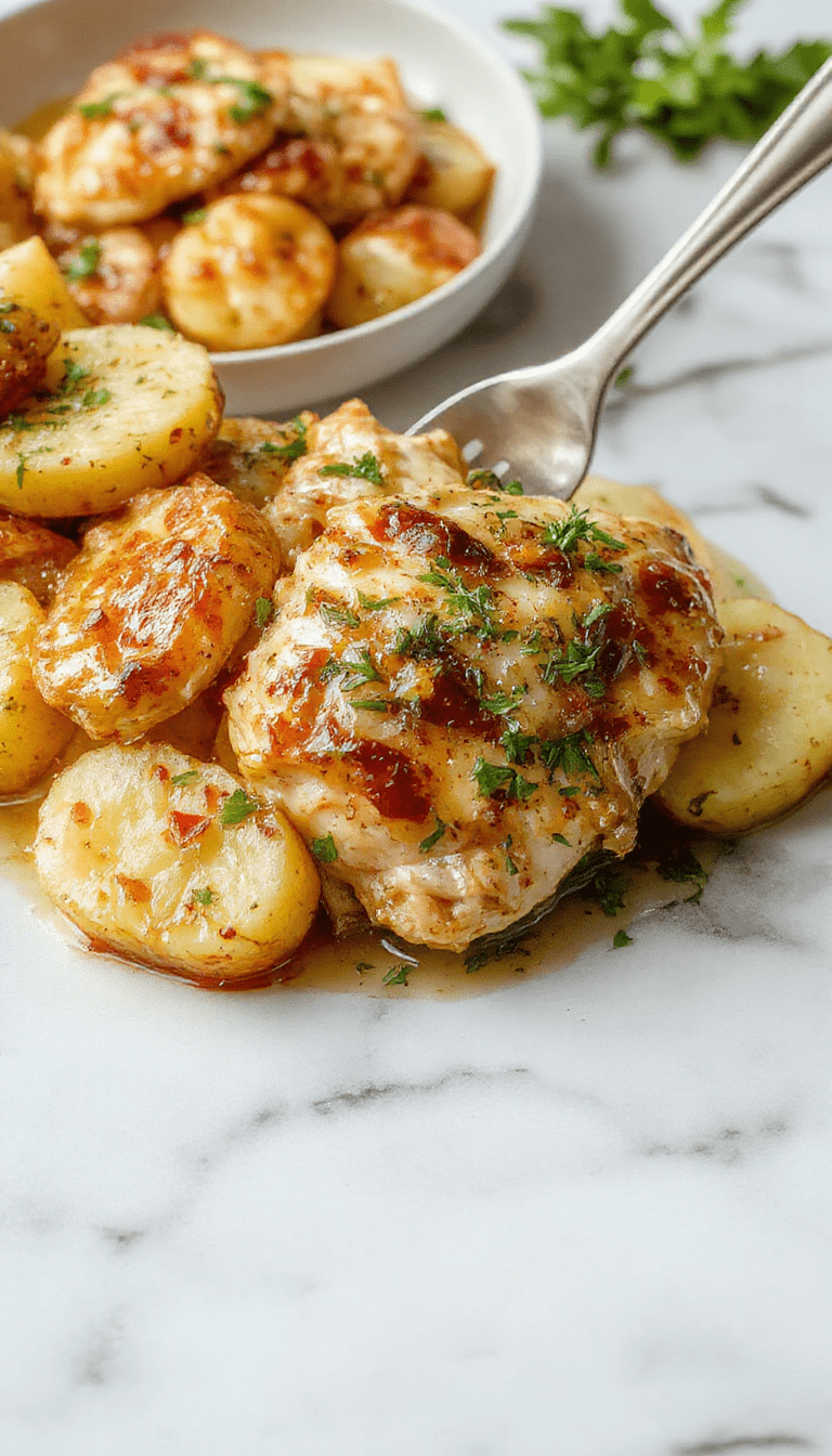 A colorful plate features tender shredded chicken covered in golden garlic parmesan sauce, surrounded by crispy roasted potatoes, garnished with fresh parsley, served on a rustic white plate with a vibrant napkin.