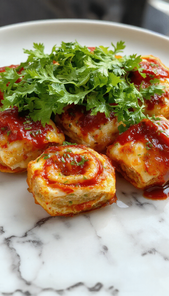 Colorful vegan pizza rolls arranged on a rustic wooden platter, golden-brown crispy edges with melted gooey vegan cheese and vibrant fillings visible inside, garnished with fresh herbs, styled with a sprinkle of herbs on a white plate against a bright kitchen backdrop.