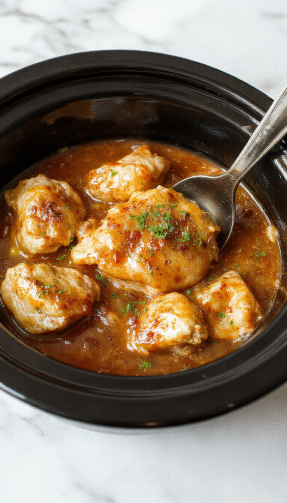 A hearty serving of shredded chicken covered in thick, glossy gravy on a white plate, garnished with chopped herbs and served alongside steaming mashed potatoes and fresh vegetables, framing a rustic wooden table with a cozy kitchen background.