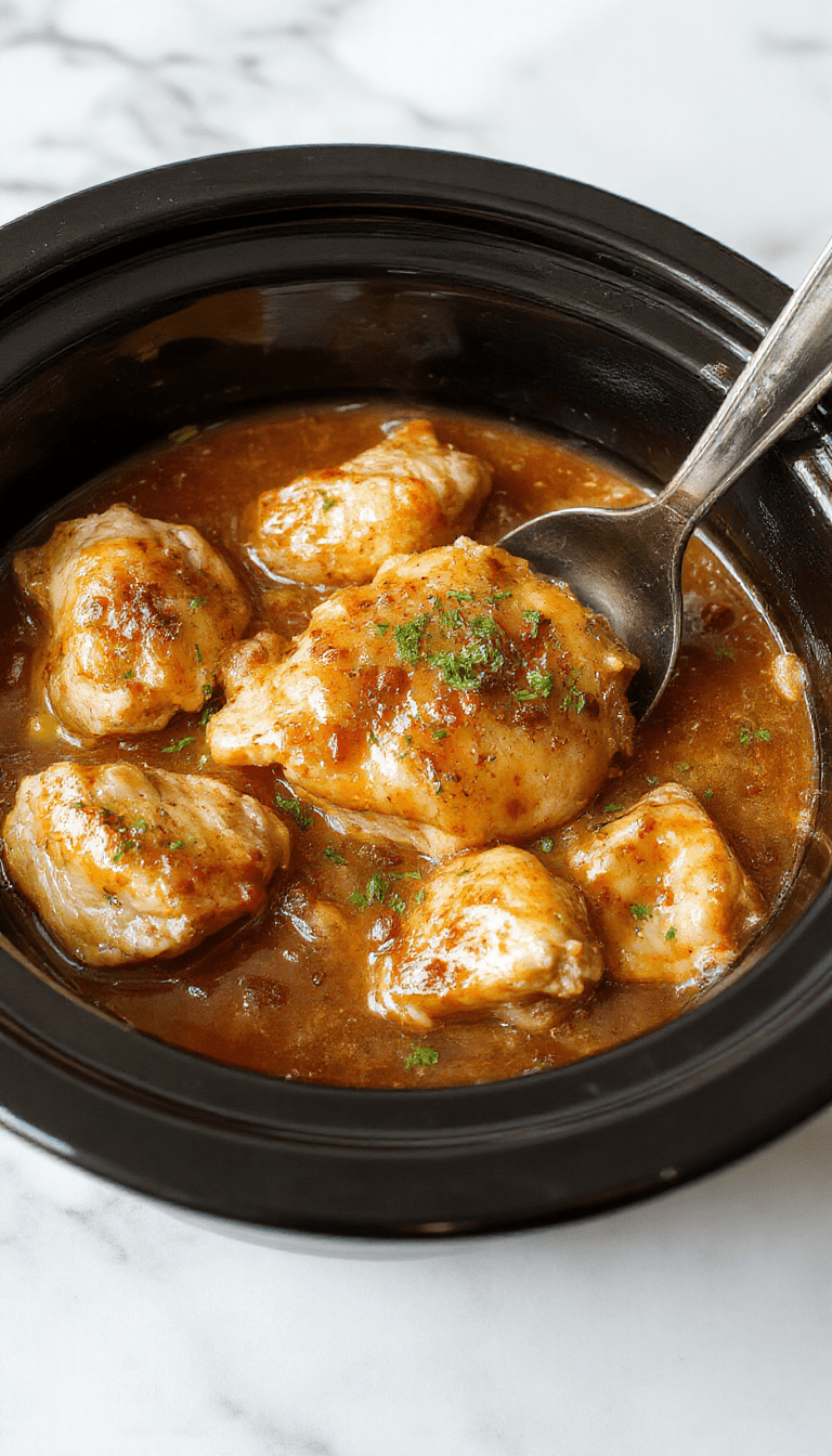 A hearty serving of shredded chicken covered in thick, glossy gravy on a white plate, garnished with chopped herbs and served alongside steaming mashed potatoes and fresh vegetables, framing a rustic wooden table with a cozy kitchen background.