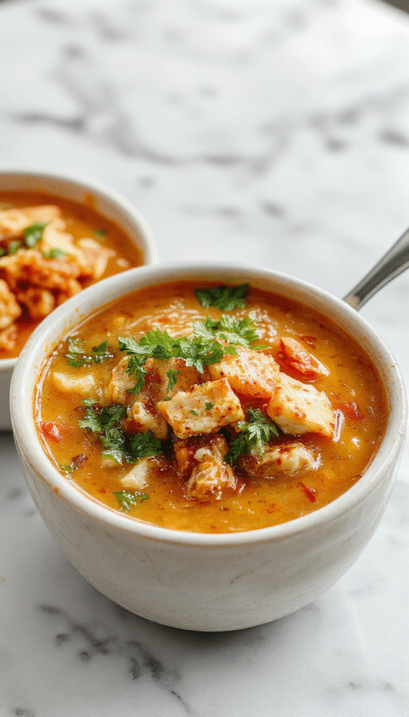A vibrant bowl of chicken taco soup garnished with fresh cilantro, shredded cheese, and crispy tortilla strips. The soup has a rich, reddish-brown broth with chunks of chicken, black beans, corn, and diced tomatoes, presented on a rustic wooden table with colorful peppers and lime slices around for a lively, inviting look.