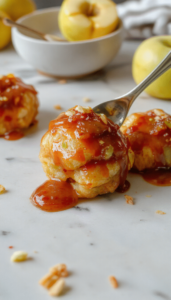 A close-up of a warm caramel apple dump cake in a rustic white ceramic dish, topped with gooey caramel drizzle, sliced fresh apples, and a sprinkle of cinnamon. The cake has a golden-brown crumbly topping with caramel sauce pooling around the edges. The background features a cozy kitchen scene with autumn-themed decor and soft lighting.