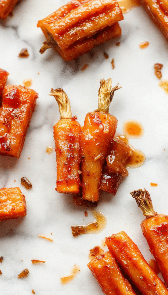A close-up of tender glazed carrots with a glossy maple and brown sugar coating, beautifully arranged on a white plate, garnished with chopped parsley, with a rustic wooden background and natural lighting highlighting the caramelized textures.
