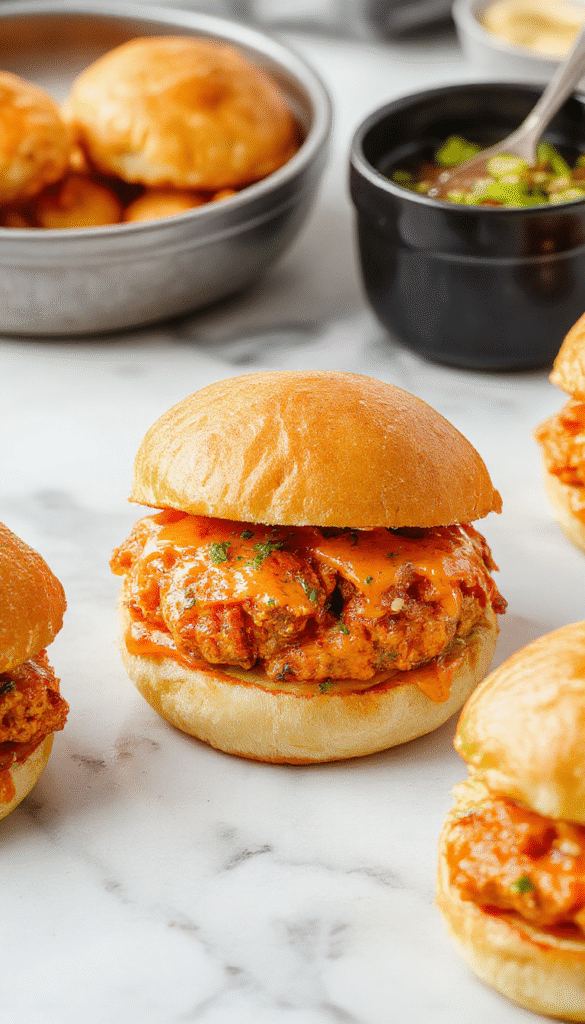 Colorful buffalo chicken sliders arranged on a wooden platter, featuring vibrant orange buffalo sauce coating shredded chicken, topped with creamy blue cheese crumbles and garnished with fresh celery sticks. The sliders are nestled in soft, toasted buns with a glossy finish, creating an appetizing and inviting presentation with a hint of spice and creaminess.