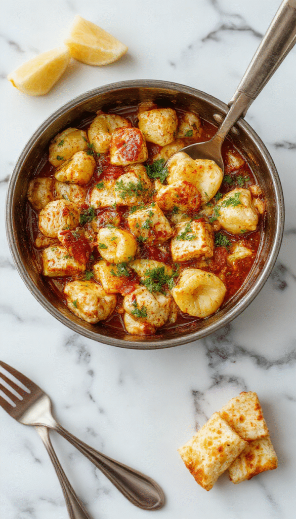 A vibrant dish featuring golden-brown chicken pieces and plump tortellini coated in a glossy, spicy garlic butter sauce, garnished with fresh herbs and chili flakes, all served in a rustic white bowl on a wooden table showcasing rich textures and warm colors.