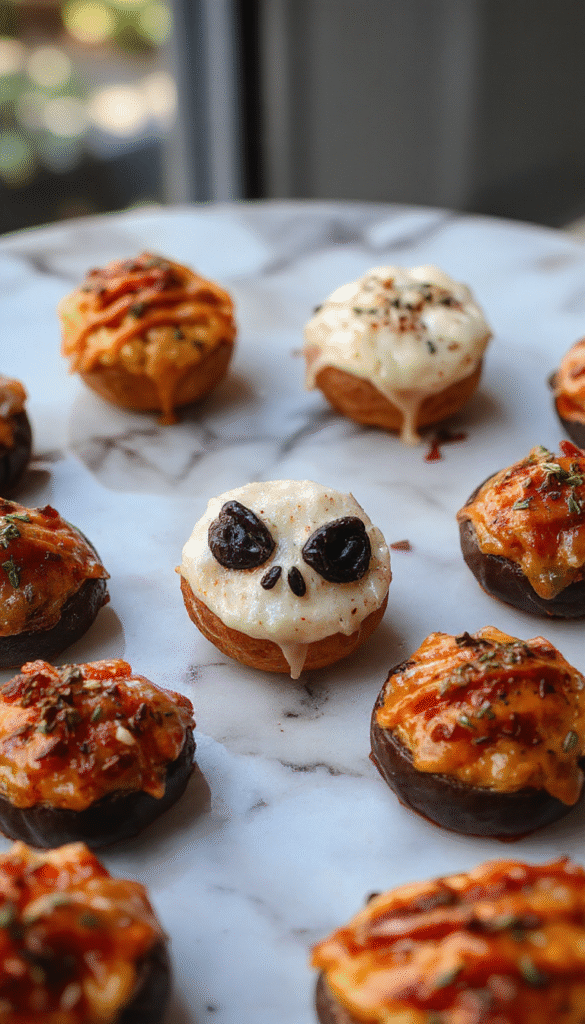 Colorful Halloween-themed appetizers plated on a black slate tray, featuring spooky shapes like ghosts and bats made from vegetables, cheese, and meats. Bright orange, green, and black decorations, with textured garnishes and themed toothpick picks enhancing the festive presentation.