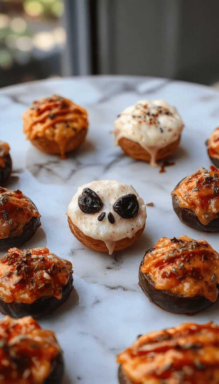 Colorful Halloween-themed appetizers plated on a black slate tray, featuring spooky shapes like ghosts and bats made from vegetables, cheese, and meats. Bright orange, green, and black decorations, with textured garnishes and themed toothpick picks enhancing the festive presentation.