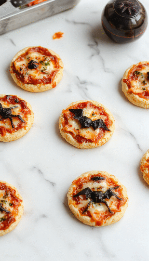Colorful Halloween mini pizzas arranged on a black platter with spooky toppings like cheese ghosts, pepperoni bats, and olive eyes, with orange and black themed decorations in the background, showcasing crispy crusts and vibrant toppings.