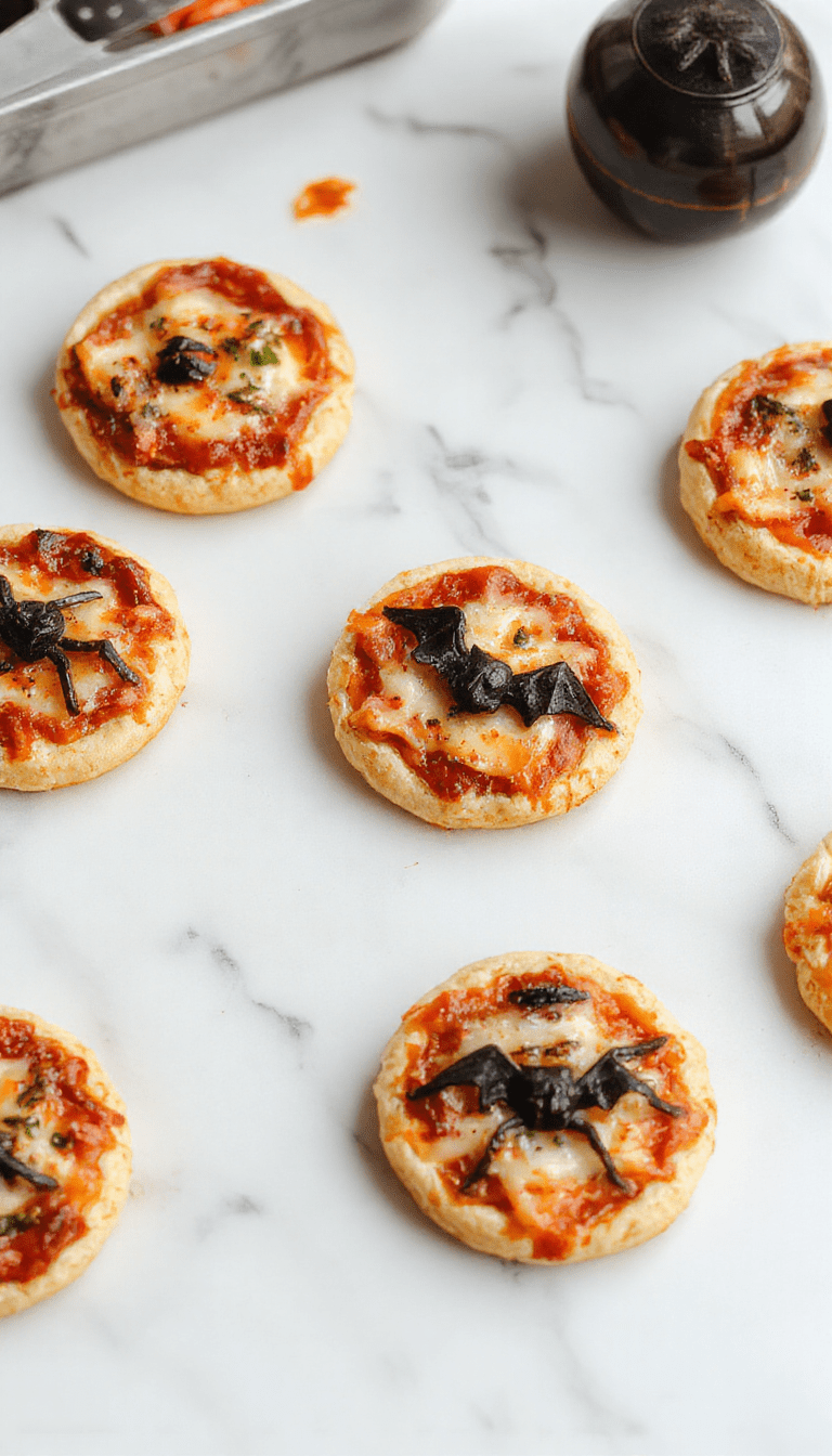 Colorful Halloween mini pizzas arranged on a black platter with spooky toppings like cheese ghosts, pepperoni bats, and olive eyes, with orange and black themed decorations in the background, showcasing crispy crusts and vibrant toppings.