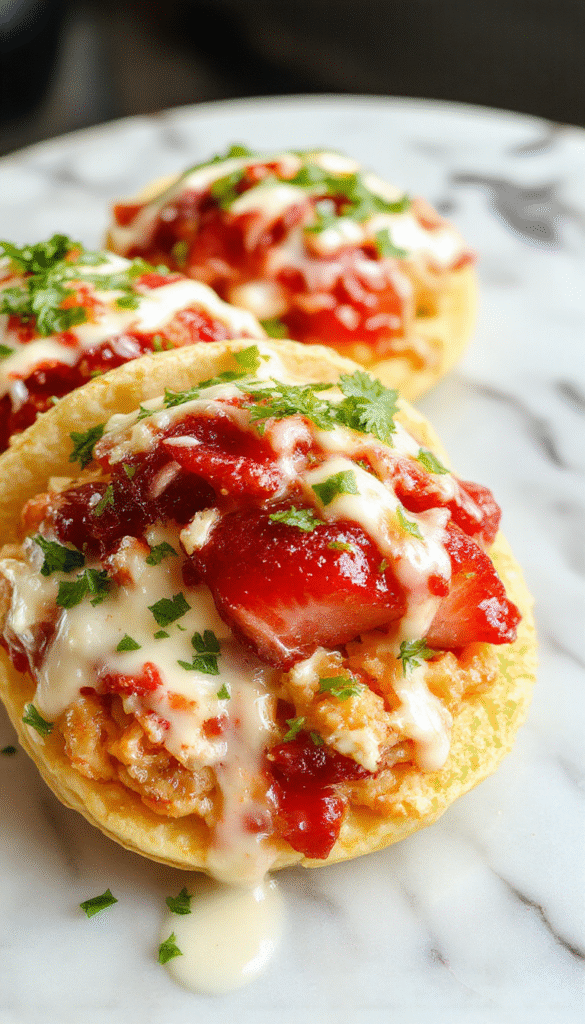 Colorful strawberry cheesecake tacos plated on a white dish with fresh strawberries and crunchy cookie crumbs sprinkled on top, vibrant pink and red hues, glossy strawberries, creamy filling visible in crunchy taco shells, styled with a few mint leaves for garnish, bright and inviting presentation