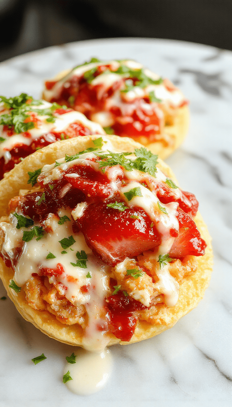 Colorful strawberry cheesecake tacos plated on a white dish with fresh strawberries and crunchy cookie crumbs sprinkled on top, vibrant pink and red hues, glossy strawberries, creamy filling visible in crunchy taco shells, styled with a few mint leaves for garnish, bright and inviting presentation