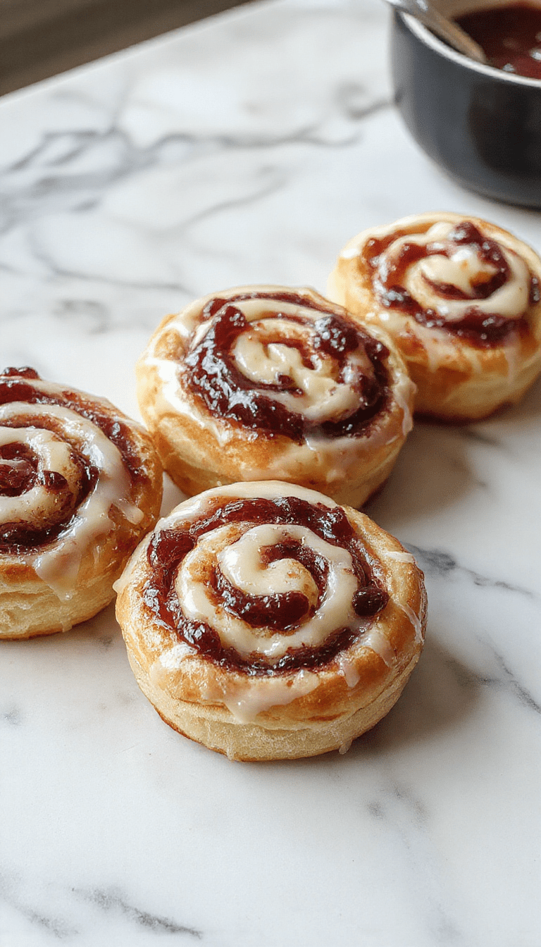 A close-up of freshly baked swirl buns on a rustic wooden platter, showcasing golden-brown tops, swirls of creamy cheese filling, and vibrant red currant jam visible in the folds, garnished with a light dusting of powdered sugar and a sprig of fresh mint. The background features a cozy kitchen setting with soft natural lighting highlighting the textures and colors of the buns.