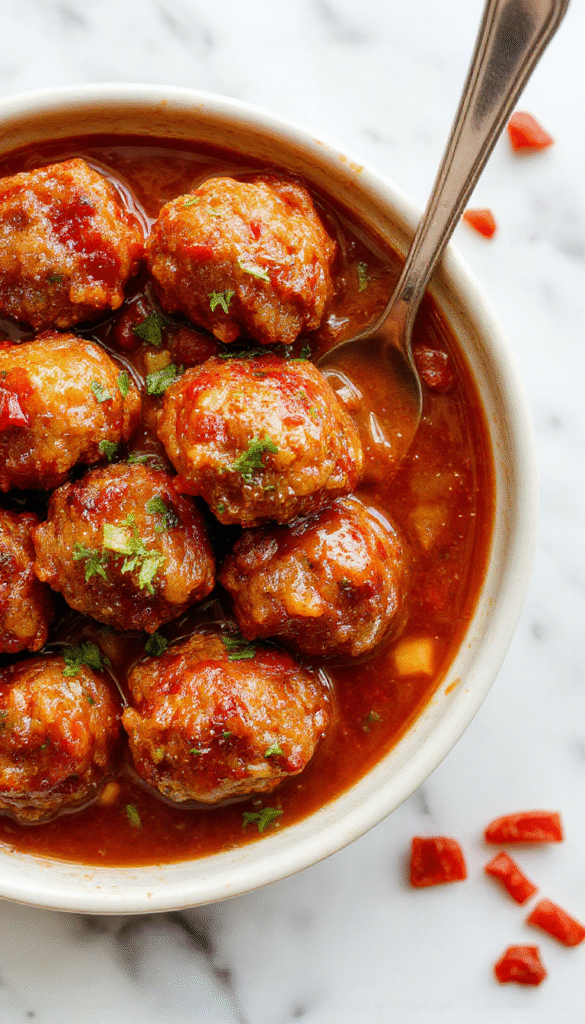 Colorful image of glossy, round meatballs coated in a vibrant red sweet chili sauce, served in a white bowl with fresh chopped green herbs, placed on a rustic wooden table with a spoon beside, showcasing a sticky, flavorful glaze and a hint of steam.