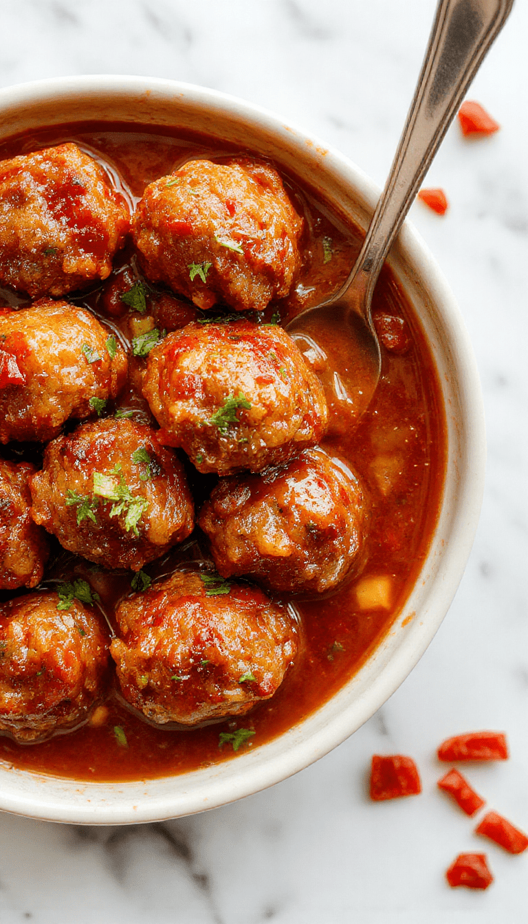 Colorful image of glossy, round meatballs coated in a vibrant red sweet chili sauce, served in a white bowl with fresh chopped green herbs, placed on a rustic wooden table with a spoon beside, showcasing a sticky, flavorful glaze and a hint of steam.