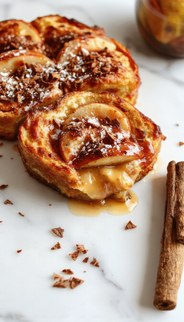 A golden-brown cinnamon apple French toast bake garnished with powdered sugar and fresh apple slices, sitting on a rustic wooden table with a drizzle of caramel sauce, steam rising, showcasing a moist, fluffy texture and inviting autumn-inspired presentation.