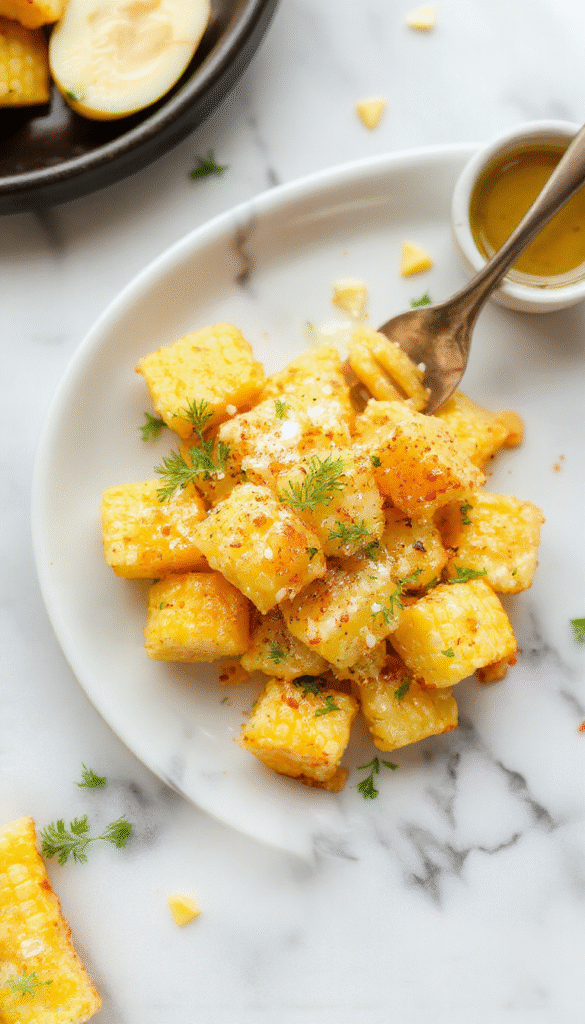 A vibrant plate of golden yellow grilled corn kernels glazed with glossy honey butter, garnished with fresh herbs, served in a rustic skillet lined with a warm wooden background, highlighting the juicy texture and inviting aroma.