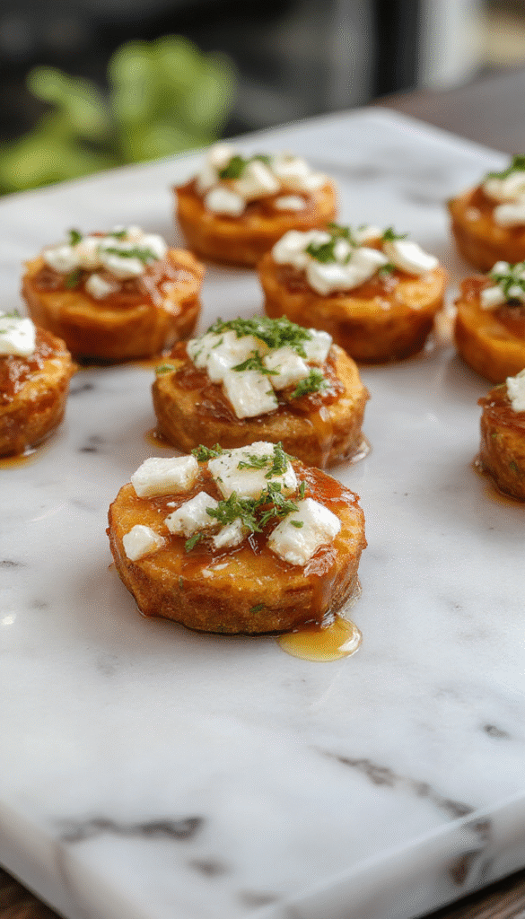 Colorful close-up of roasted sweet potato rounds topped with crumbled feta cheese and a drizzle of honey, arranged neatly on a rustic white plate, garnished with fresh herbs, capturing a vibrant and appetizing presentation.