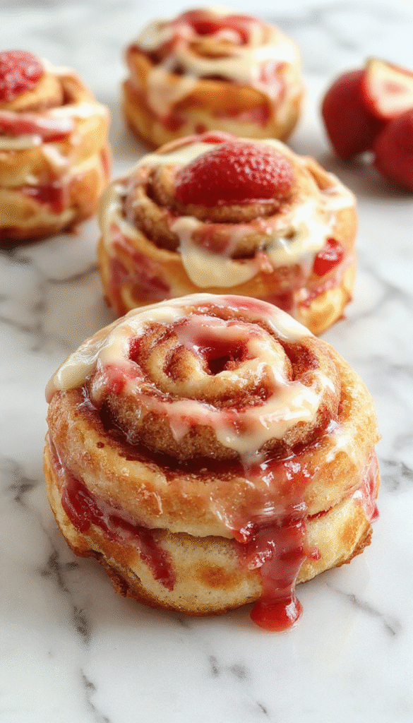 A close-up of beautifully glazed strawberry cheesecake cinnamon rolls on a white plate, topped with fresh strawberries and drizzled with sweet glaze, showcasing their soft, fluffy texture and vibrant red and white colors.