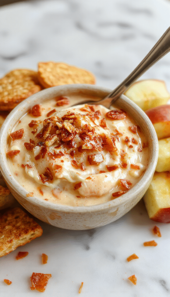 A vibrant close-up of a creamy caramel apple dip garnished with crunchy toffee bits and sliced fresh apples arranged on a white platter with a caramel drizzle and a sprinkle of crushed toffee, set against a rustic wooden background with a spoon nearby.