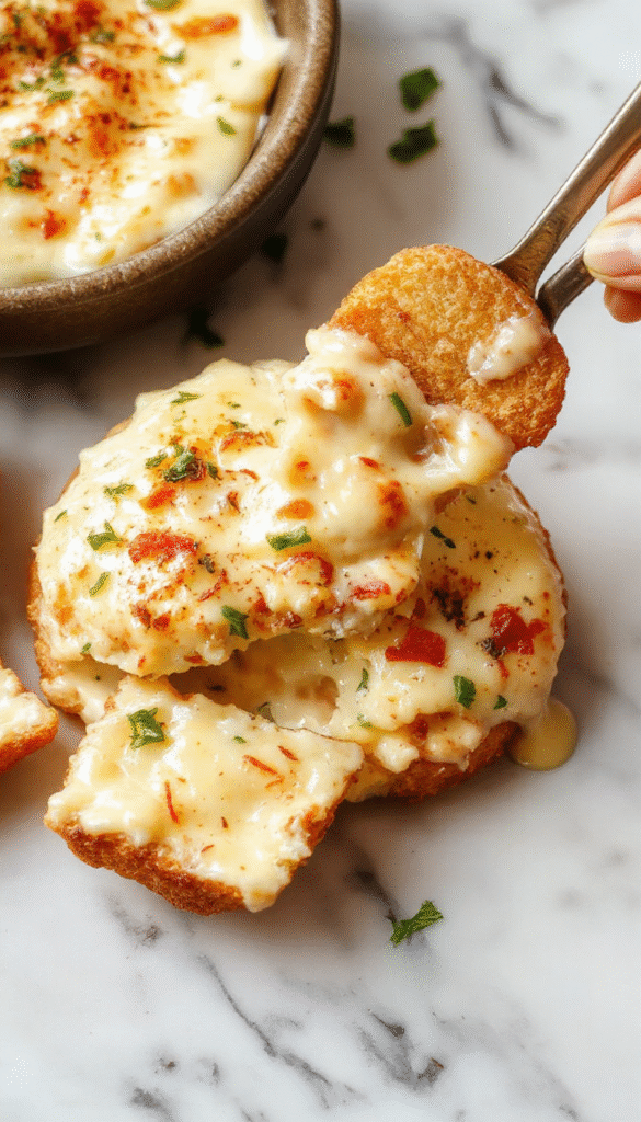 A vibrant bowl of Texas Trash Dip featuring a bubbly, melted cheese topping with visible chunks of diced tomatoes, green onions, and jalapenos. The dip is served in a rustic ceramic bowl on a wooden platter, surrounded by tortilla chips, fresh herbs, and colorful sliced vegetables, creating a tempting and vibrant presentation with a gooey, cheesy texture.