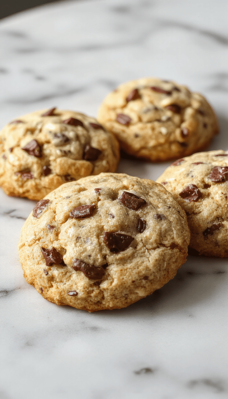 A close-up of two golden-brown Neiman Marcus cookies with a slightly crispy edge and chewy center, stacked on a white plate with a soft-focus background, showcasing their rich chocolate chips and buttery texture, styled with a few scattered crumbs and a rustic wooden table beneath.