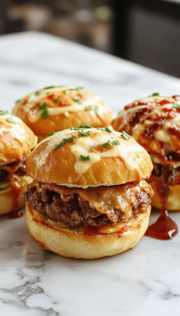 Colorful array of small burger sliders arranged on a wooden platter, topped with lettuce, tomato, cheese, and assorted condiments, with football-themed decorations in the background, vibrant and appetizing textures visible.