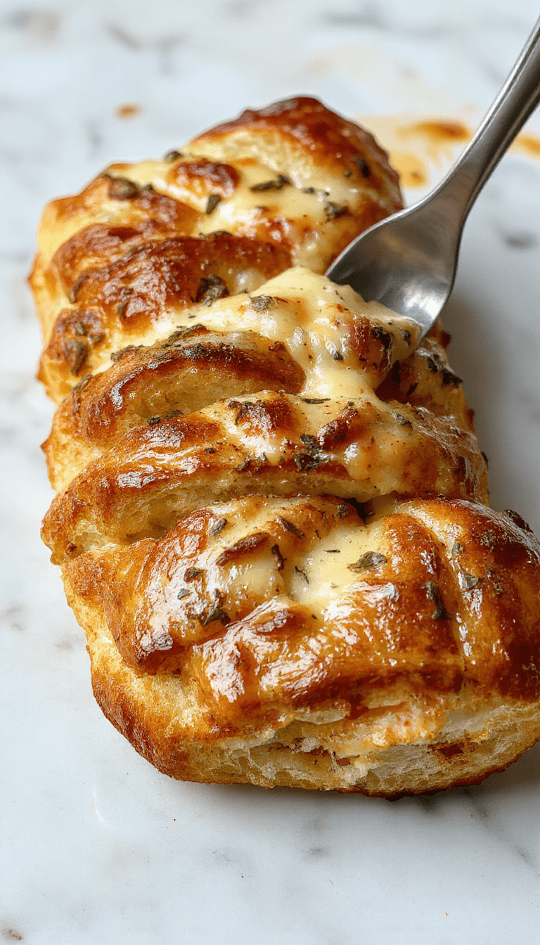 A golden-brown cheesy pull apart bread piled on a rustic wooden board, melted cheese oozing from the soft, flaky layers, garnished with herbs, with a knife slicing through revealing gooey cheese inside, styled with a background of a cozy kitchen setting.