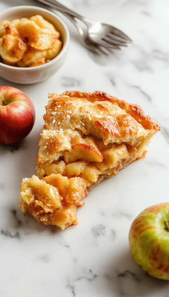A golden-brown apple pie with a flaky crust, topped with a scoop of vanilla ice cream and caramel drizzle. The pie slices showcase tender, spiced apple filling. The rustic pie is garnished with a sprinkle of powdered sugar and placed on a vintage wooden board with autumn leaves around, evoking warmth and comfort.