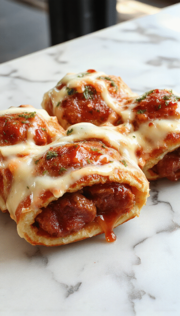 Golden-brown pigs in a blanket wrapped in flaky pastry with visible sausage filling, arranged on a white plate garnished with fresh herbs, with a crispy texture and appealing sheen, styled casually for a cozy appetizer presentation.