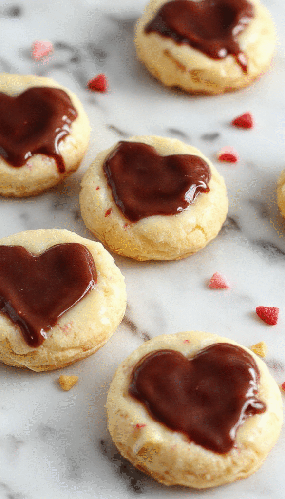 Close-up of glossy, dark chocolate ganache topped cookies with a vibrant red heart-shaped candy on top, arranged on elegant white serving platter, with a blurred pink background evoking romance.