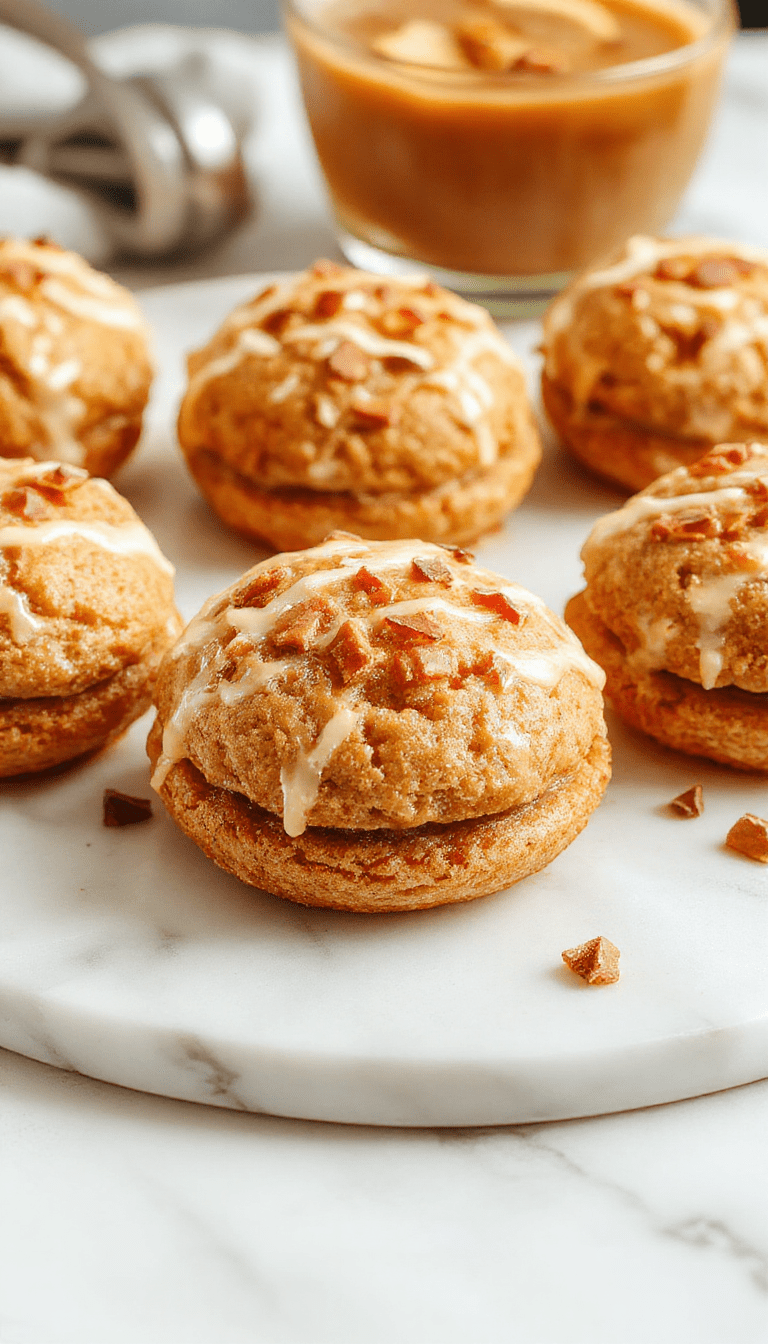 A close-up of two golden-brown apple cider whoopie pies filled with creamy filling, sprinkled with cinnamon, presented on a rustic plate with sliced apples and cinnamon sticks around, showcasing a cozy autumn atmosphere.