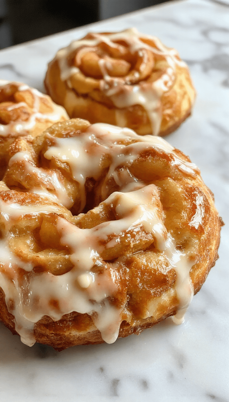 A close-up of a golden-brown apple kringle slice topped with glossy vanilla glaze, presenting flaky layers with visible chunks of baked apple inside, served on a rustic white plate with a sprinkle of powdered sugar and cinnamon, set against a warm autumn-themed background with fall leaves