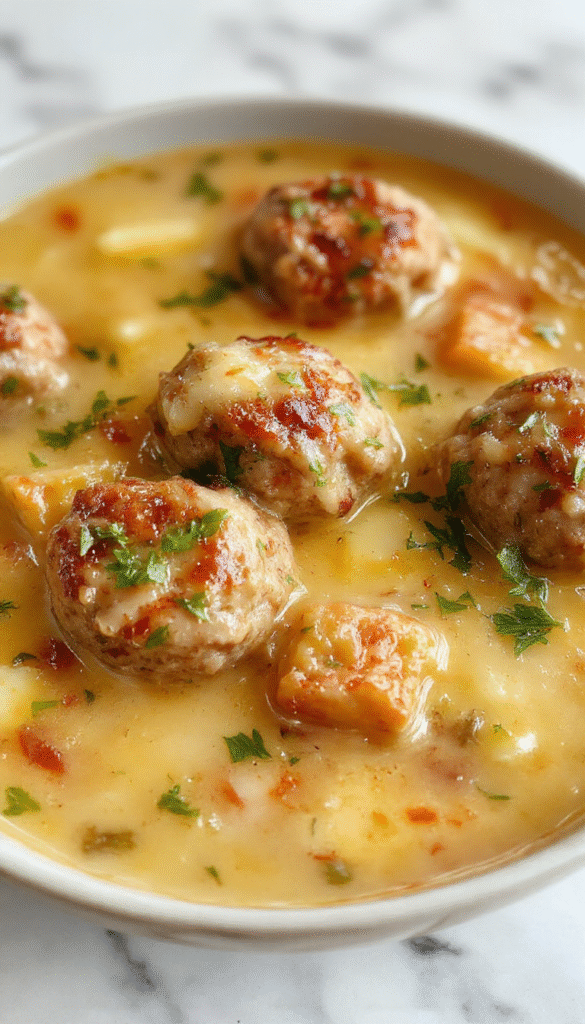 A comforting bowl of Swedish meatball soup featuring tender meatballs floating in a rich, creamy broth, garnished with fresh herbs and served in a rustic white bowl on a wooden table, with a side of crusty bread and colorful vegetables adding vibrant accents.