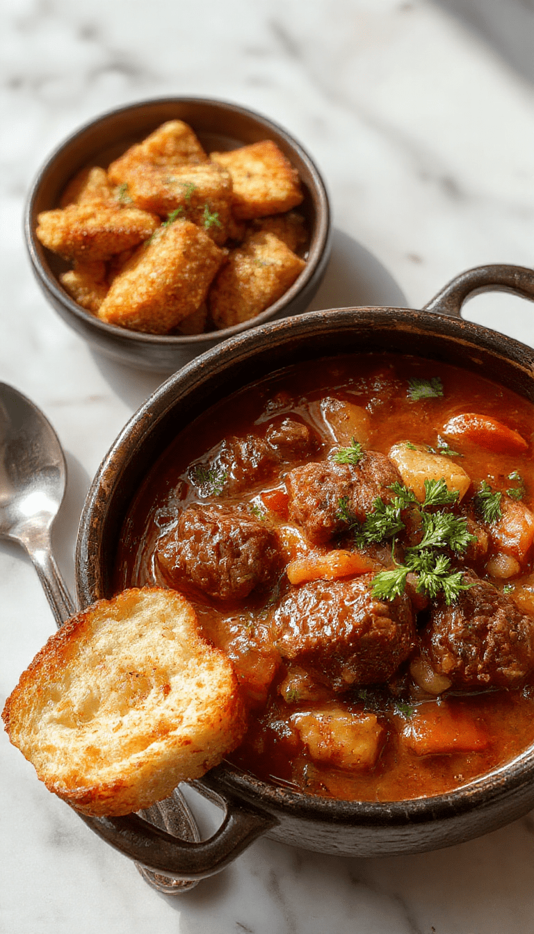 A deep black cauldron-shaped bowl filled with rich, chunky beef stew featuring tender beef pieces, vegetables, and herbs, garnished with fresh thyme on a rustic wooden table with moonlit ambiance.