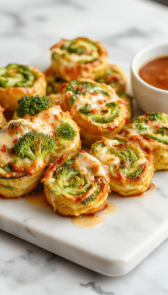 Colorful close-up of golden-brown broccoli cheese pinwheels arranged on a white plate. The pinwheels reveal a vibrant green broccoli and creamy yellow cheese filling, with a flaky, crispy exterior. Light streaming highlights their crispy texture, garnished with a sprinkle of sesame seeds and fresh herbs, styled on a rustic wooden background with a few scattered broccoli florets nearby.