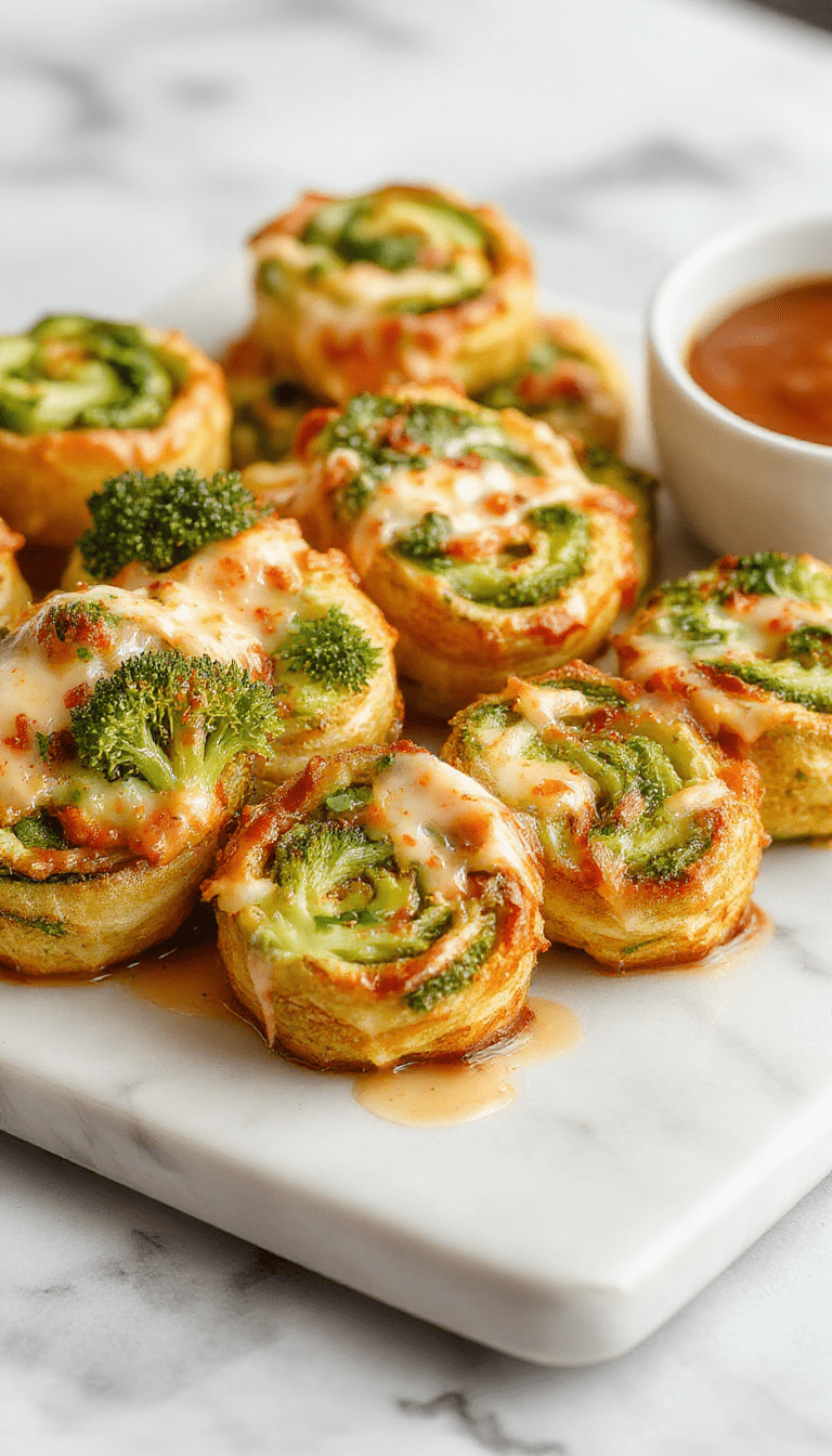 Colorful close-up of golden-brown broccoli cheese pinwheels arranged on a white plate. The pinwheels reveal a vibrant green broccoli and creamy yellow cheese filling, with a flaky, crispy exterior. Light streaming highlights their crispy texture, garnished with a sprinkle of sesame seeds and fresh herbs, styled on a rustic wooden background with a few scattered broccoli florets nearby.