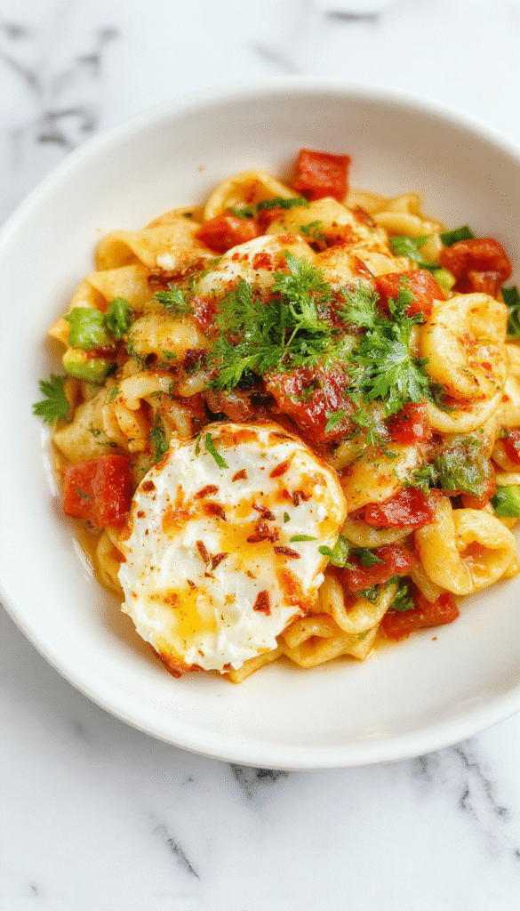 A vibrant plate of veggie pasta featuring fusilli noodles topped with roasted feta cheese, colorful cherry tomatoes, zucchini slices, and fresh basil, all glazed with a light olive oil sauce and presented on a rustic white plate with a cheerful, bright background.