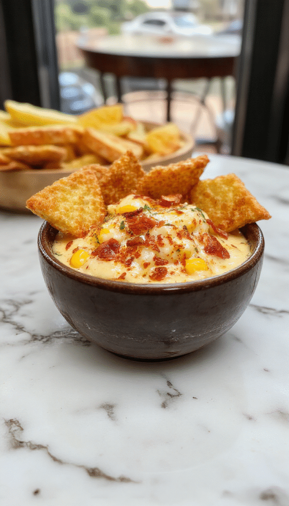 A vibrant bowl of crack corn dip topped with chopped green onions and shredded cheese, surrounded by crispy tortilla chips on a rustic wooden table with a colorful background