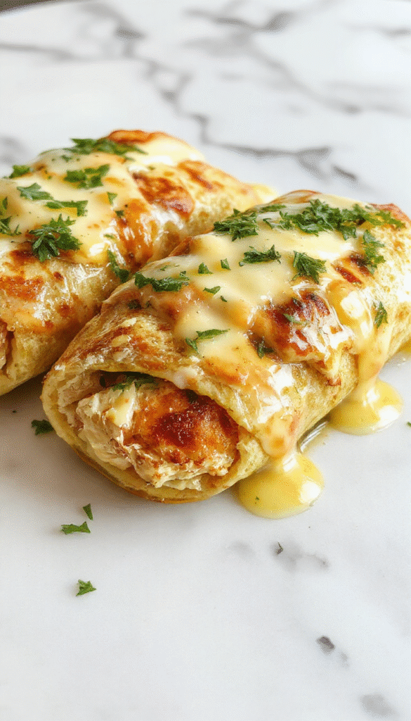 A close-up of golden-brown chicken wraps filled with melted cheese, fresh parsley, and crispy garlic slices, drizzled with creamy sauce, presented on a rustic wooden plate with vibrant green herbs and a dusting of grated cheese