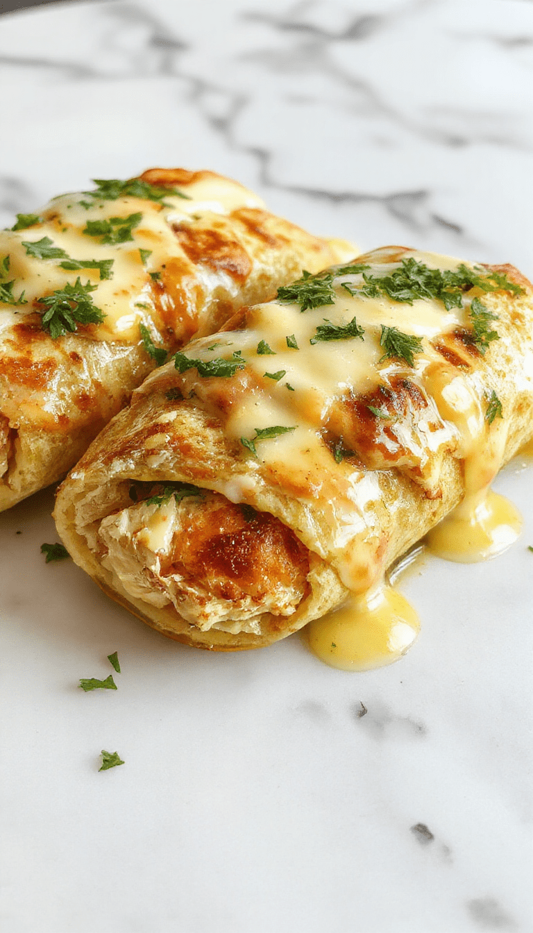 A close-up of golden-brown chicken wraps filled with melted cheese, fresh parsley, and crispy garlic slices, drizzled with creamy sauce, presented on a rustic wooden plate with vibrant green herbs and a dusting of grated cheese
