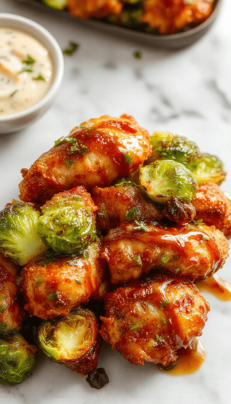 Colorful dish featuring golden crispy chicken coated in glossy sweet chili sauce, served alongside roasted Brussels sprouts with caramelized edges, vibrant greens and reds, arranged on a white plate with a rustic wooden background