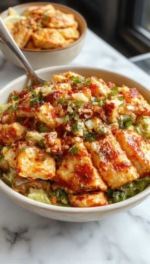 A colorful Asian chicken salad featuring shredded chicken, crunchy noodles, vibrant bell peppers, carrots, and green onions, arranged on a white plate with a light drizzle of dressing, styled with fresh herbs and sesame seeds, showcasing textures from crispy toppings to tender greens, set against a neutral background